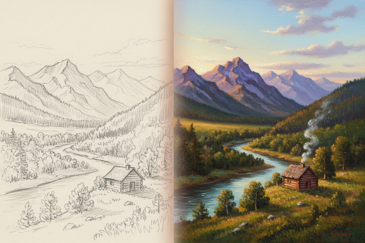 IA transformando boceto a lápiz en obra de arte realista coloreada